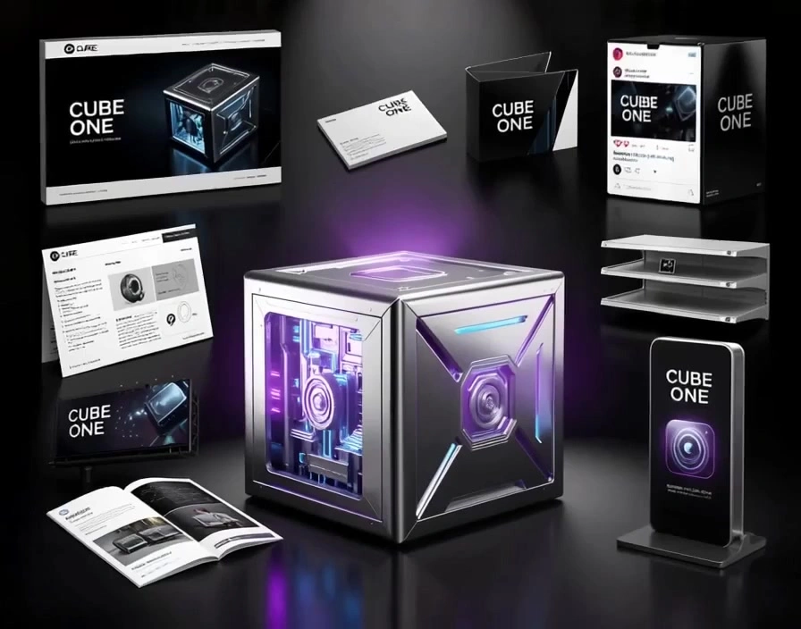 Ein schwarzes Kühlsystem-Cube mit leuchtendem Lila und Blau im Inneren, umgeben von Produktverpackungen, Broschüren und einem Smartphone…